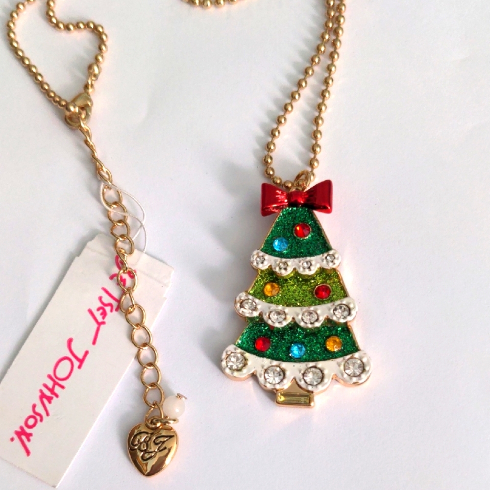 NWT Betsey Johnson Festive Tree Necklace, Red, Green & Crystal Accents.Christmas